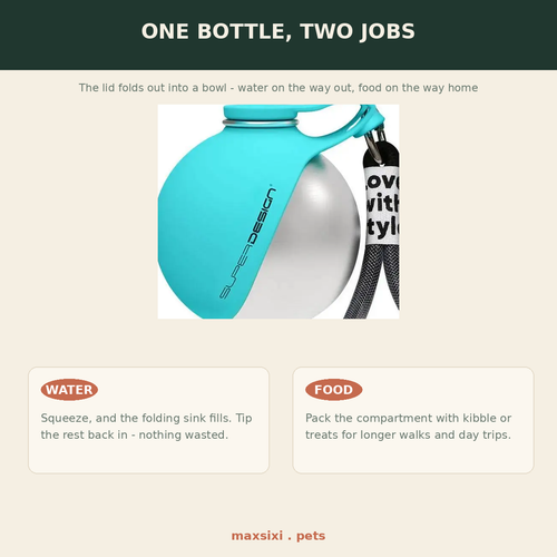 One bottle two jobs - folding silicone bowl for water and a compartment for food