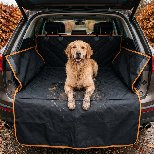 Muddy golden retriever sitting on the Maxsixi Pets waterproof SUV boot liner in an open car boot after a country walk