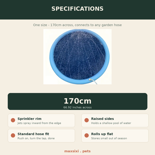 Dog splash pad specifications - 170cm across, sprinkler rim, raised sides, standard hose fit